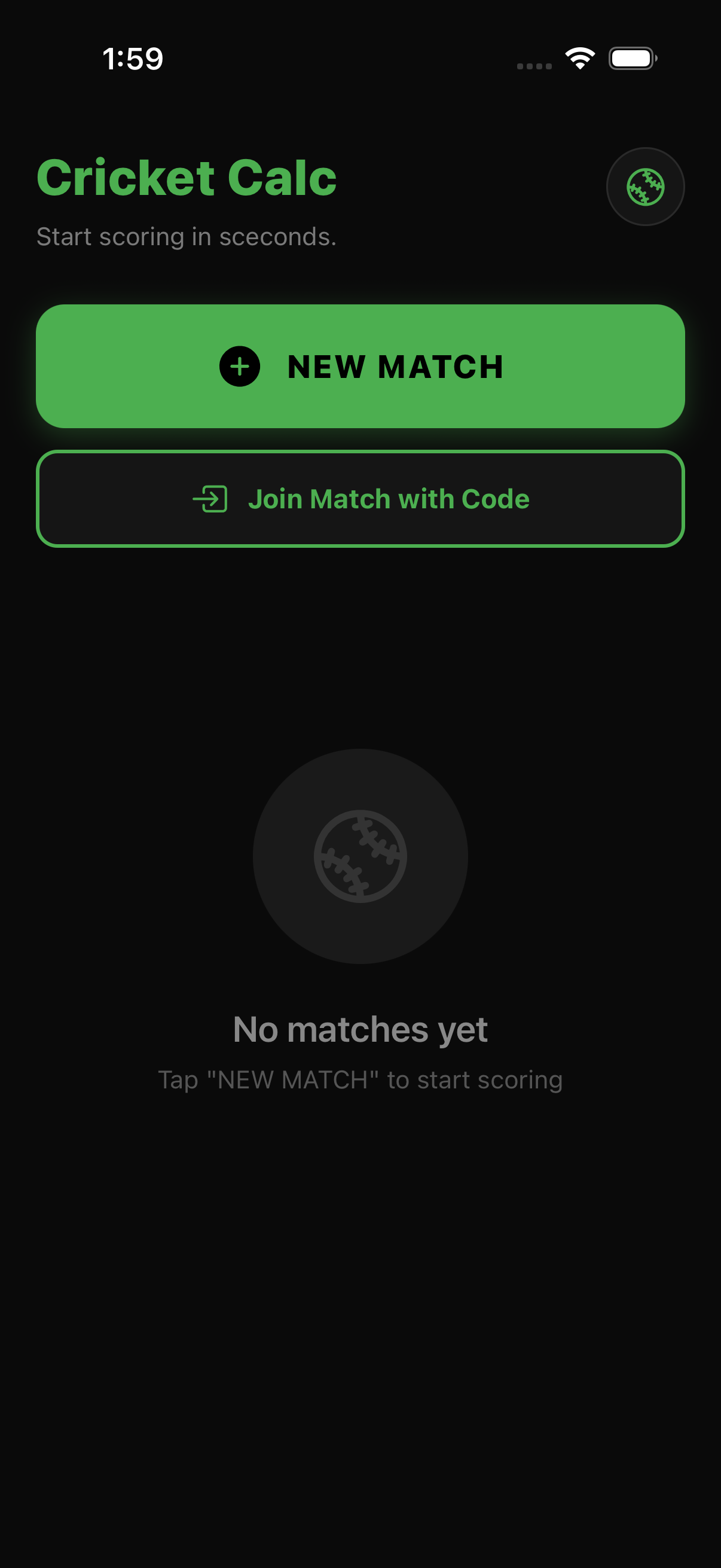 Cricket Calc Home Screen