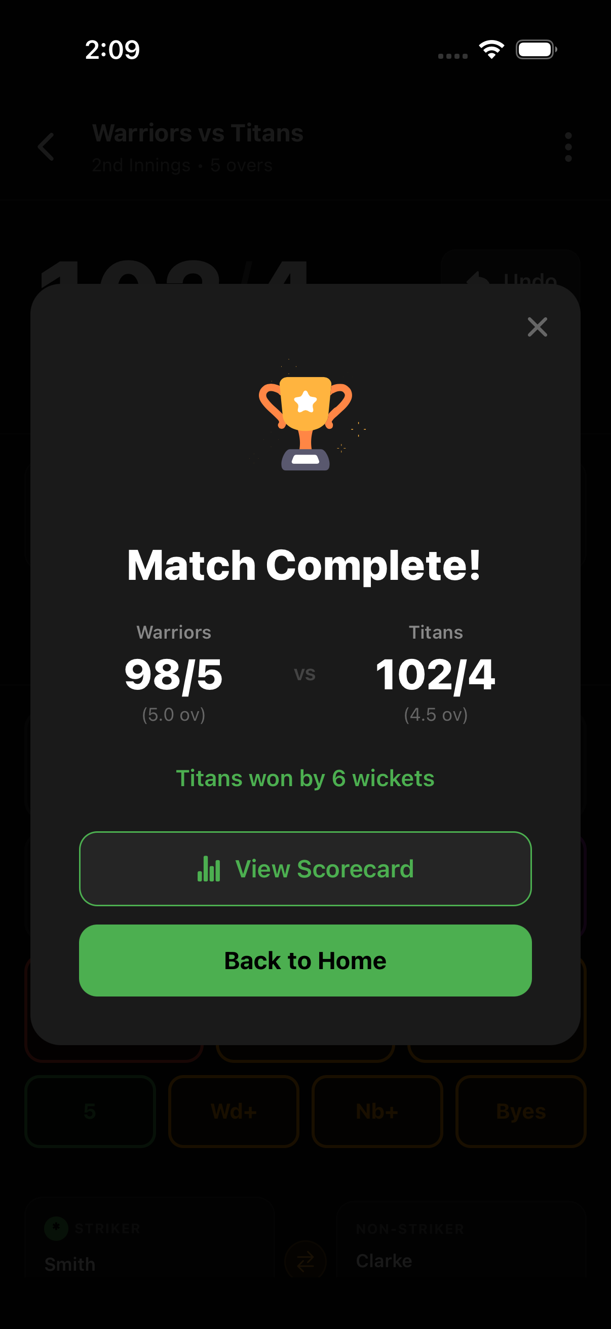 Match Complete with trophy